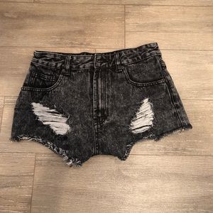 Black ripped and faded jean shorts